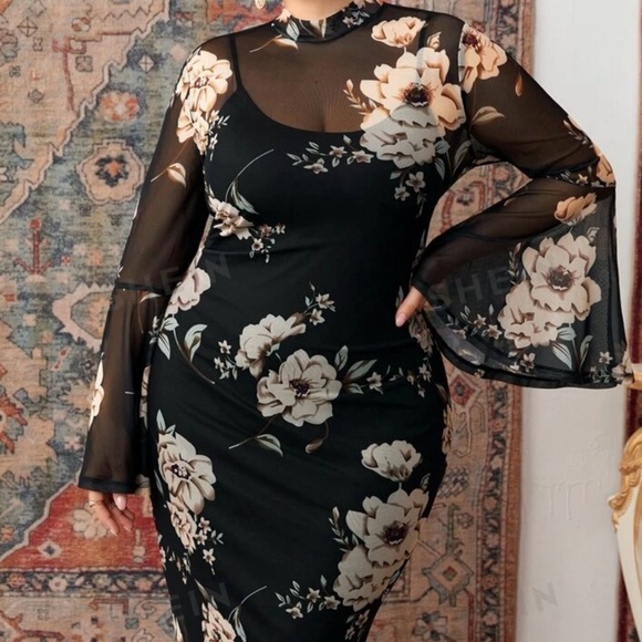 SHEIN Modely Plus Floral Print Trumpet Sleeve Slit Back Mesh Bodycon Dress - Picture 2 of 4
